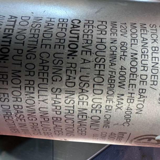 Cuisinart HB-400PC Stick Blender label showing model, 400W, 120V, and cautionary instructions. Excellent condition.
