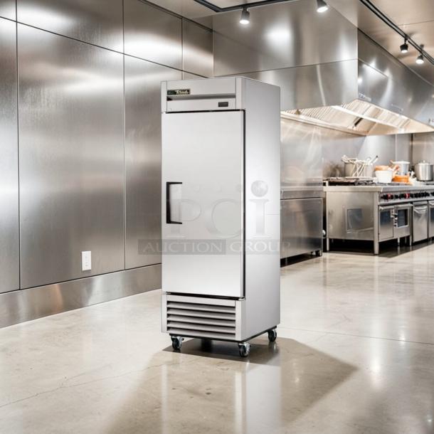 True T-23-HC stainless steel commercial refrigerator, 27" single door, superior condition, energy-efficient, on wheels.