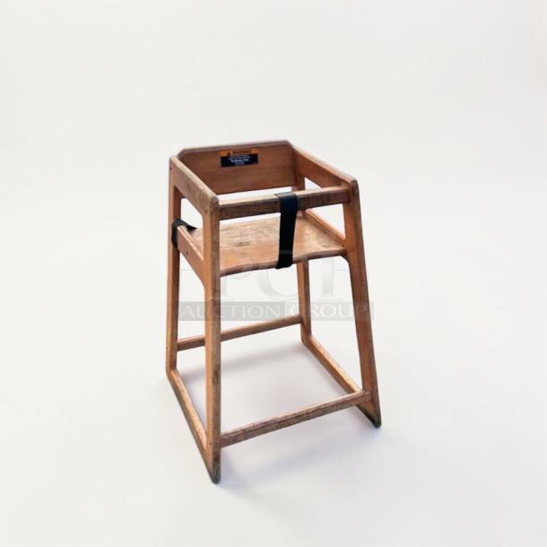 Commercial wooden restaurant high chair, heavy-duty, prime condition, inspected, safety straps, model FUR-S-HCHAIR-0580.