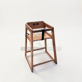 Commercial wooden restaurant high chair, heavy-duty, prime condition, inspected, safety straps, model FUR-S-HCHAIR-0580.