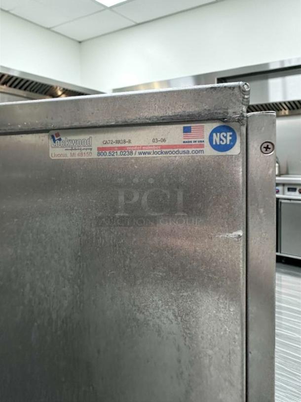 Lockwood CA72-RR18-R NSF aluminum tray transport cabinet, excellent condition, mobile, inspected, USA-made.