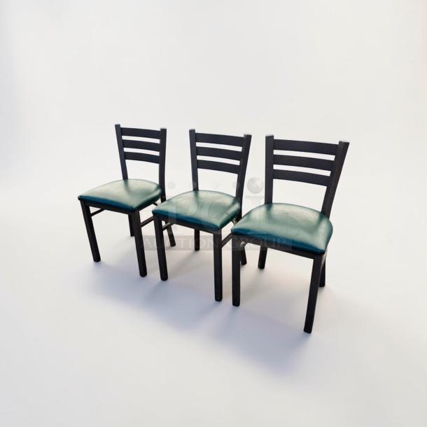 Three commercial-grade restaurant dining chairs with upholstered seats, heavy-duty construction, fully inspected, in exceptional condition.