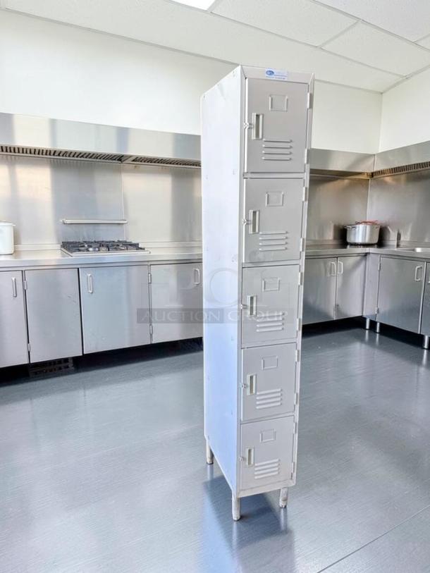 GSW Inc. 5-Tier Metal Locker Cabinet in excellent condition, commercial-grade steel, model GSW-M-LOCK-0568.