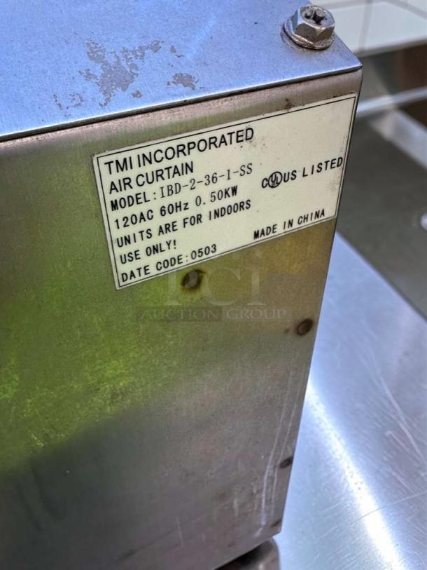 TMI Incorporated air curtain, Model IBD-2-36-1-SS, UL listed, 120AC 60Hz, for indoor use, in superb condition.