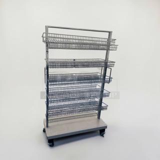 Commercial grade multi-tier wire display rack, superior condition, heavy-duty construction, fully inspected, model RET-S-RACK-0581.
