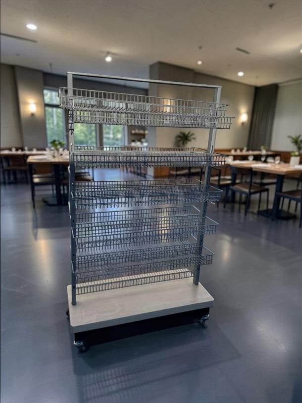 Commercial grade multi-tier wire display rack, superior condition, heavy-duty construction, inspected, model RET-S-RACK-0581.