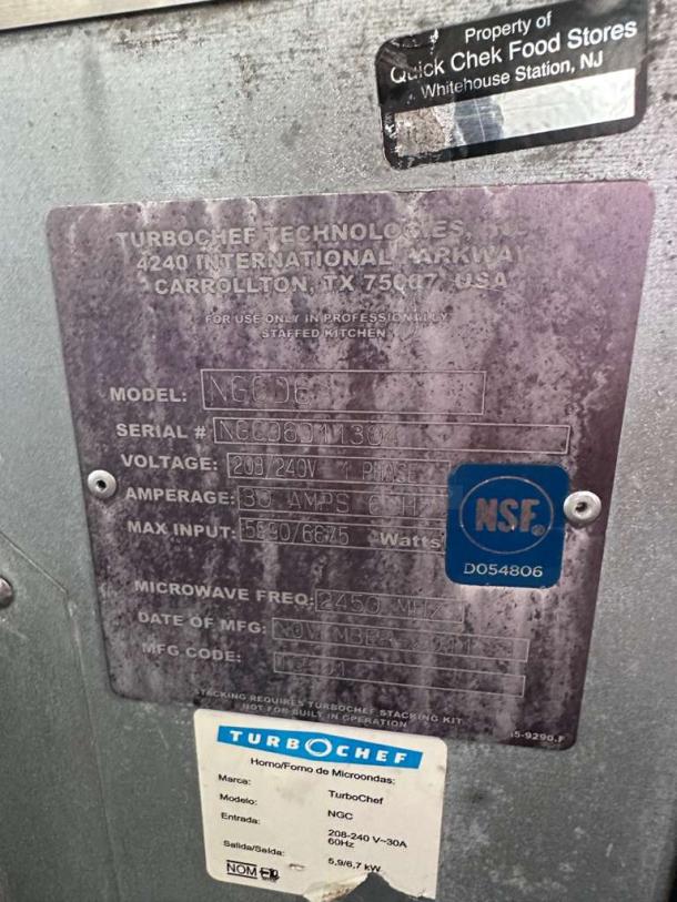 TurboChef Tornado NGC oven tag with model, serial number, voltage, and NSF certification. Used in professional kitchens.