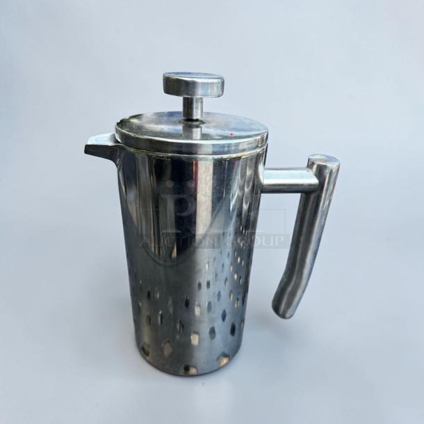 Stainless steel French press coffee maker by Commercial Café Equipment, model CAF-S-PRS-0669, elite condition.