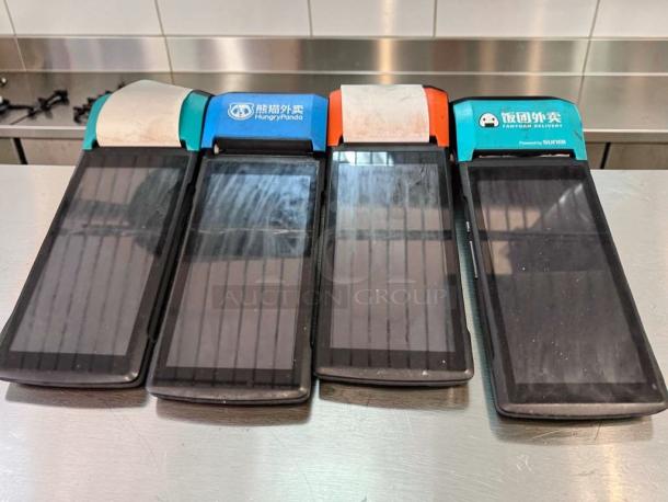Set of 4 Sunmi V2 Wireless POS Terminals with built-in printers, in outstanding condition. Ideal for restaurant mobile ordering.