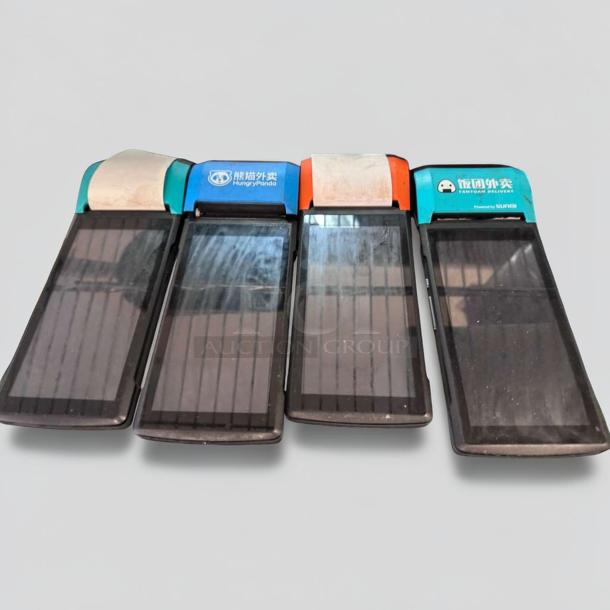 Set of 4 Sunmi V2 wireless POS terminals with built-in receipt printers in outstanding condition, ideal for restaurants.