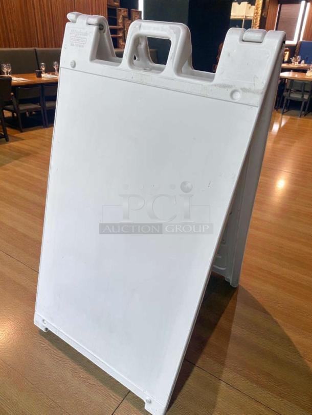 Pristine Plasticade Signicade A-Frame sidewalk sign, heavy-duty plastic, logo embossed, made in USA, excellent condition.