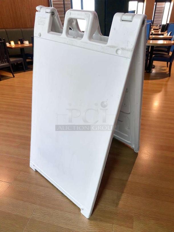 Pristine Plasticade Signicade A-frame sidewalk sign in white, heavy-duty plastic, made in USA, model PLA-S-SIGN-0616.