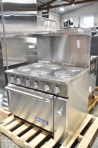 Brand new 2026 Imperial IR-6-E 6 burner electric range with oven, overshelf, and backsplash. 240V, 3 phase.