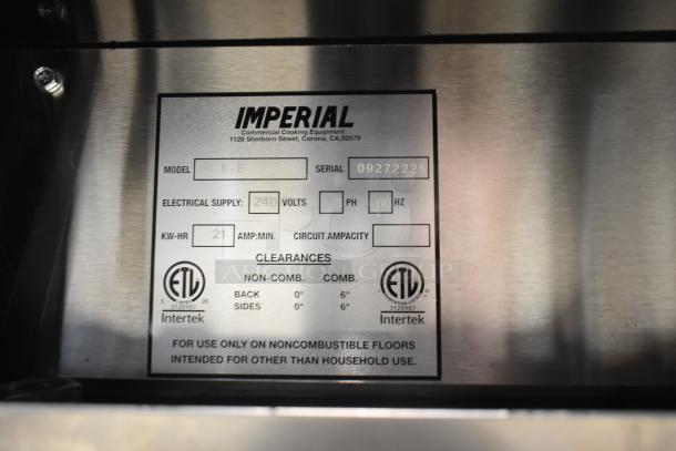 Imperial IR-6-E label details: 240V, 3 Phase, 21 KW-HR, serial 09272225. ETL certified for commercial use.