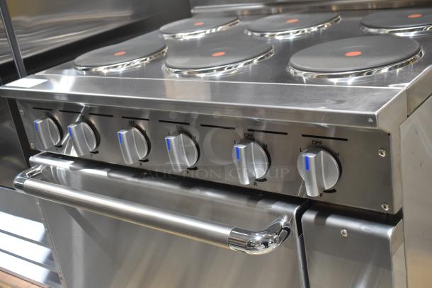 Brand new scratch and dent 2026 Imperial IR-6-E commercial range, 6 burners, oven, over shelf, backsplash, 240V, 3-phase.