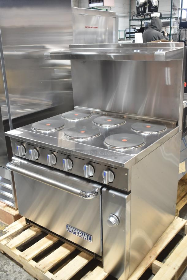 BRAND NEW 2026 Imperial IR-6-E commercial 6-burner electric range with oven, over shelf, backsplash; 240V, 3 phase.