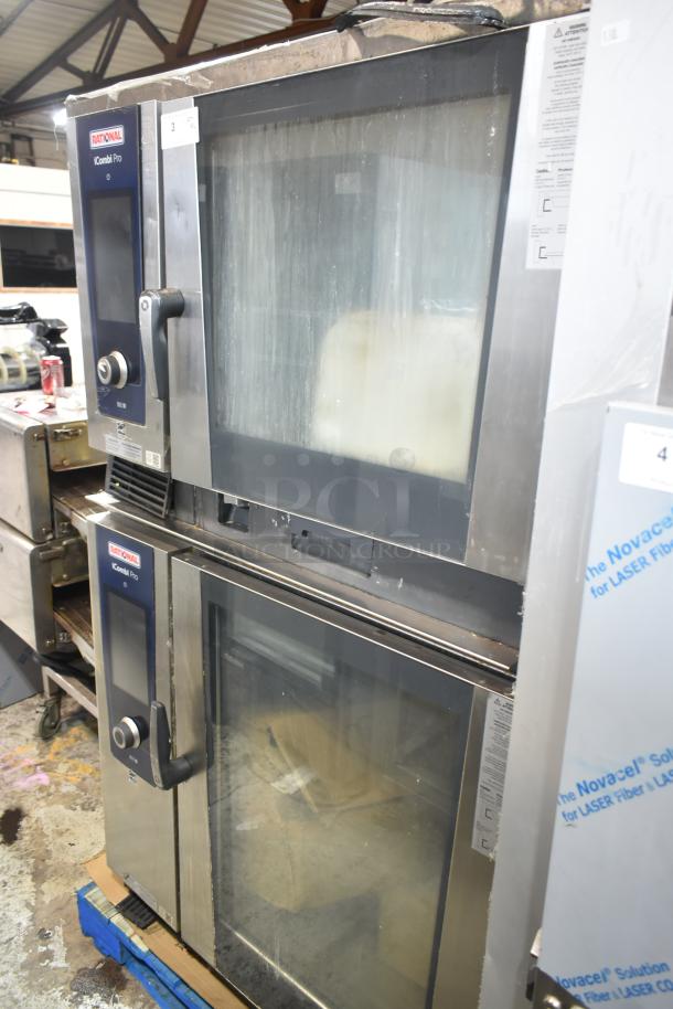 Two Rational iCombi Pro LM100CE.AXXXX/LM100EE.AXXXX convection ovens, electric, 440/480V, 3 phase, visible wear.