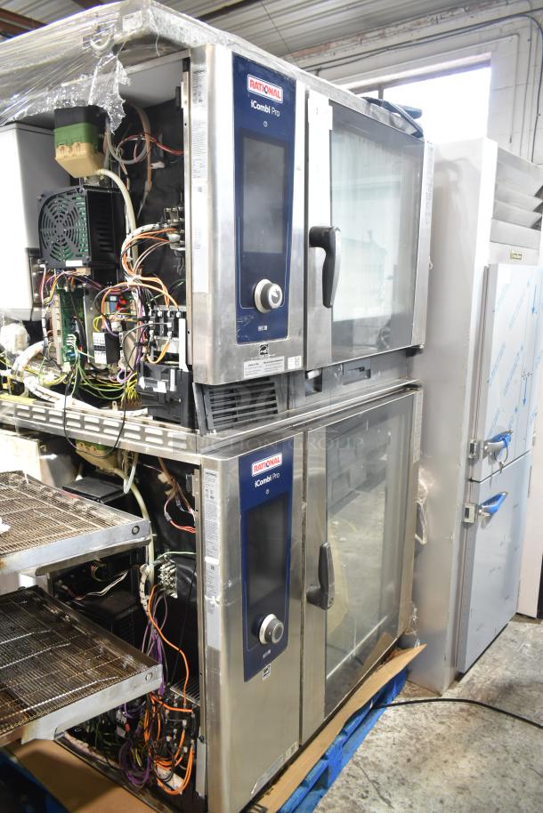 Two Rational iCombi Pro commercial combi convection ovens, 2021 model, electric, 440/480V, 3-phase, partially disassembled.