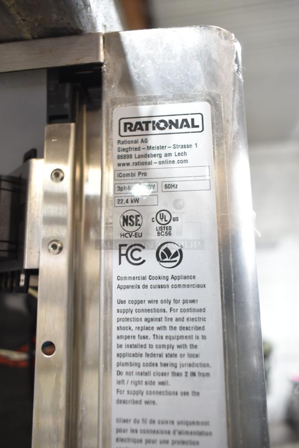 Rational iCombi Pro commercial electric oven label showing model LM100CE.AXXXX/LM100EE.AXXXX, 440/480V, 3-phase, 22.4 kW.