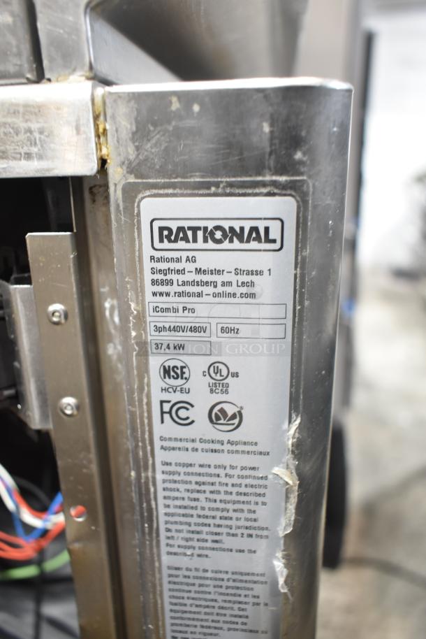 Rational iCombi Pro label on stainless steel oven, showing 440/480V, 3-phase, 37.4 kW, NSF, and UL certifications.