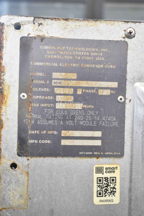 2018 Turbochef HhC2020 commercial electric conveyor oven, 208/240V, 3-phase, with equipment stand, visible specifications.