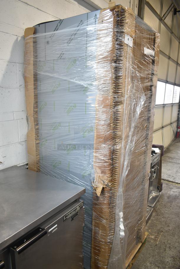 Brand new Hoshizaki R1A-FSL commercial cooler, single door, 115 volts, 1 phase, wrapped for shipping, minor scratches noted.