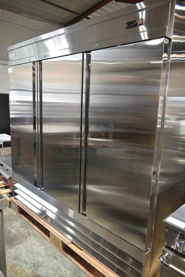 Brand new Avantco 178SS3FHC commercial 3-door reach-in cooler, 115 volts, 1 phase, stainless steel exterior, minor scratches.