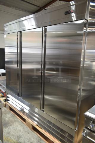 Brand new Avantco 178SS3FHC commercial 3-door reach-in cooler, 115 volts, 1 phase, stainless steel exterior, minor scratches.