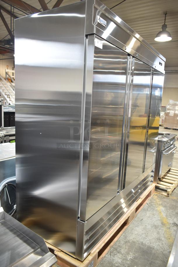 Brand new Avantco 178SS3FHC commercial 3-door cooler, scratch and dent model, 115 volts, 1 phase, stainless steel.