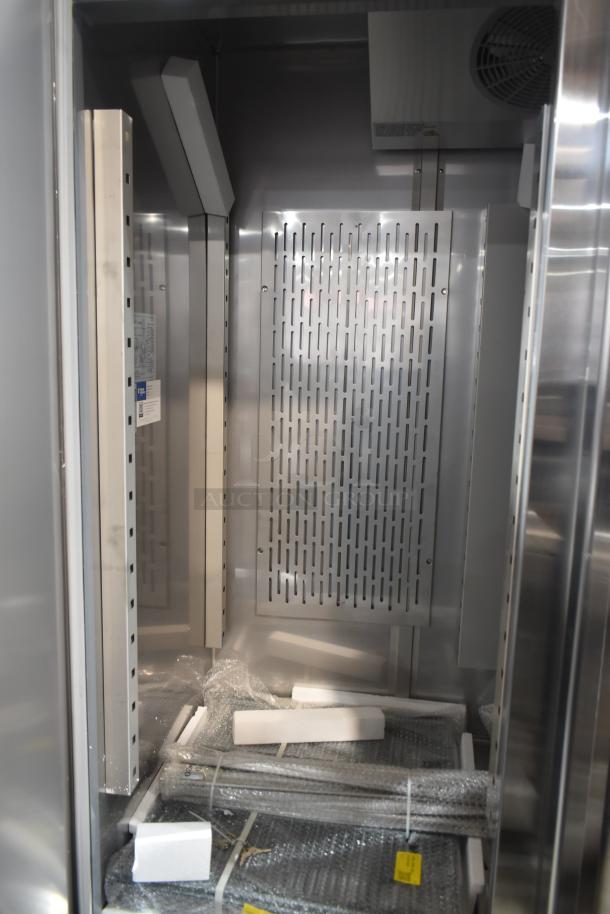 2025 Avantco 178SS3FHC Commercial 3 Door Reach In Cooler, scratch and dent, brand new condition, 115V, 1 phase, interior view.