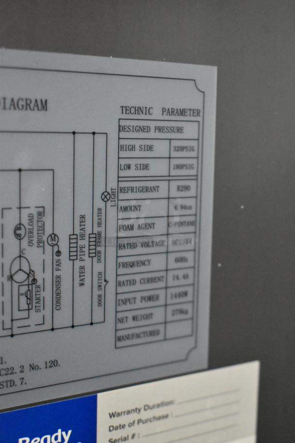 "Avantco 178SS3FHC Commercial Reach-In Cooler, Technic Parameter Label, New Scratch and Dent, 115V, 1 Phase, R290 Refrigerant."