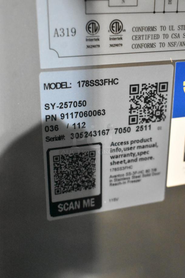 BRAND NEW Avantco 178SS3FHC 3-Door Reach-In Cooler label with model, serial number, and QR code for product info.