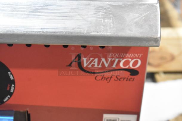 "Avantco 177CAG60MG flat top griddle, Chef Series label, new with scratches, commercial-grade, natural gas."