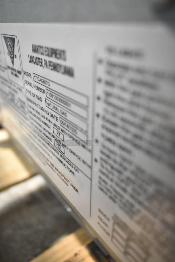 BRAND NEW Avantco 177CAG60MG Commercial Griddle label showing model, serial number, and natural gas type.
