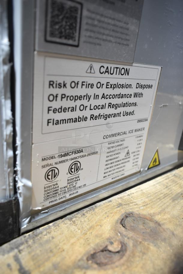 Brand new Avantco 194MCF530A commercial ice machine, 497 lb capacity. Visible safety label with caution for flammable refrigerant.