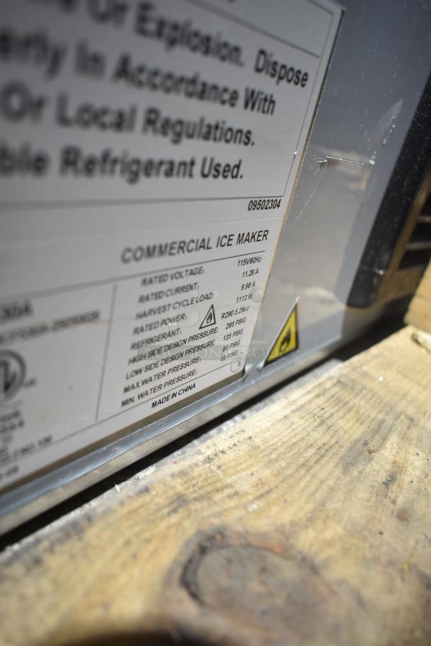 Avantco 194MCF530A ice machine label showing model info and specifications. Scratch visible on metal surface.