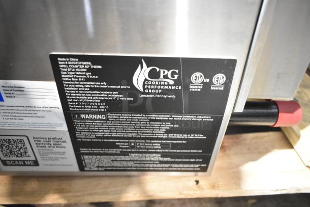 BRAND NEW 2025 CPG 60" Natural Gas Griddle, Model 351GTCPG60NL, 150,000 BTU, scratch and dent condition. Tags show specs and safety warnings.