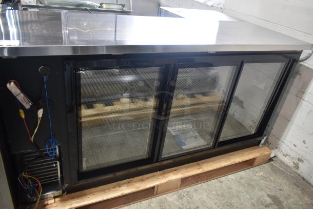 Brand new Avantco 178UBB72SHC 73" black counter height fridge, sliding glass doors, LED lighting, 115V, slight scratches.