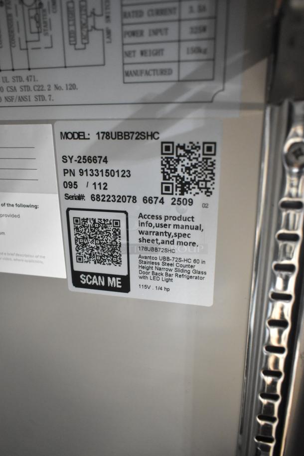 Brand new 2025 Avantco 178UBB72SHC back bar refrigerator; black, sliding glass doors, LED lighting, 115V, 1 Phase.