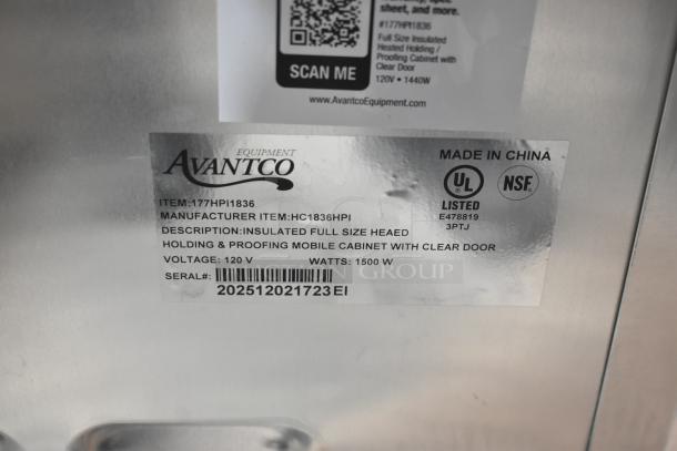 Alt text: Avantco 177HPI1836 insulated heated holding/proofing cabinet label. UL and NSF listed. 120V, 1500W. Serial: 202512021723EI.