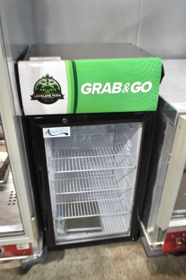 BRAND NEW 2025 Avantco 360SC80 Countertop Merchandiser Refrigerator, 115V, customizable, minor scratches, "Grab & Go" sign.