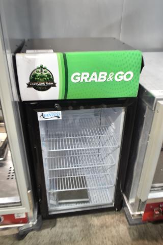 BRAND NEW 2025 Avantco 360SC80 Countertop Merchandiser Refrigerator, 115V, customizable, minor scratches, "Grab & Go" sign.