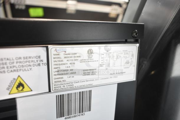 Avantco 360SC80 Merchandiser Refrigerator. Model details label, voltage 115V, phase 1, refrigerant R600A, new condition.