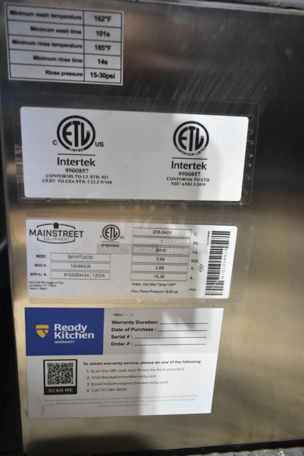 Mainstreet 541HTUC30 high-temp undercounter dishwasher, 208V/240V, 1 Phase. ETL and Intertek certified. Warranty label visible.