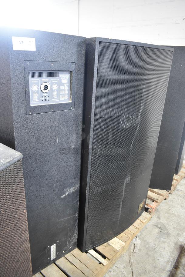 Two Dynacord Alpha X-1/60 loudspeakers, black, visible control panel, metal grilles, good condition, on wooden pallet.