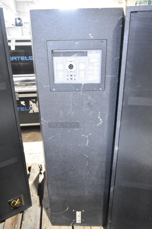 2 Dynacord Alpha X-1/60 loudspeakers with visible wear, connector panel detail, sturdy build. Suitable for professional use.