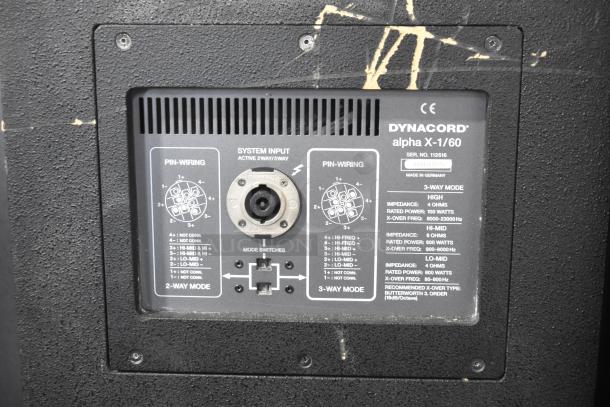 Dynacord Alpha X-1/60 loudspeaker panel showing pin-wiring diagrams, mode switches, impedance, and power ratings.