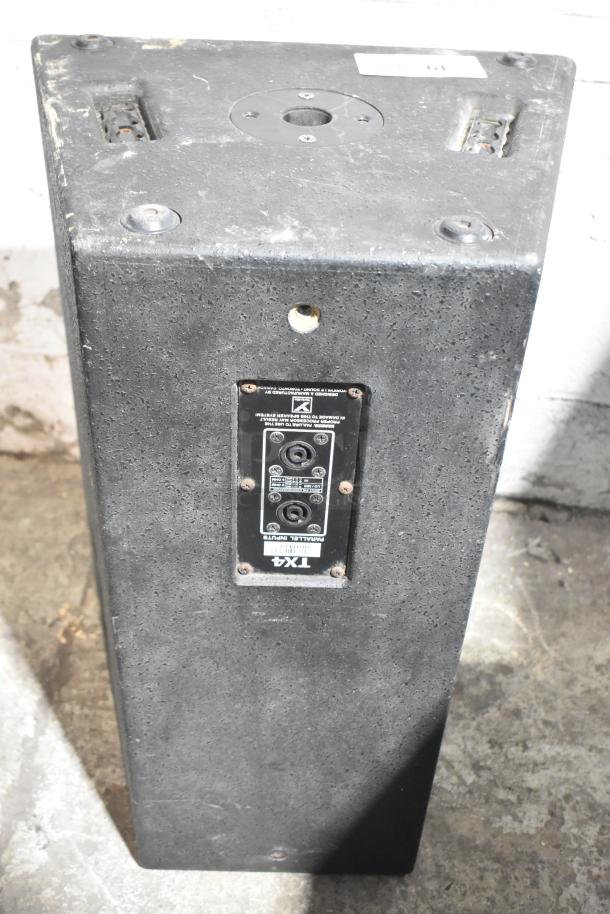 Yorkville TX4 speaker in used condition, showing input labels and mounting points. Auction for two speakers.