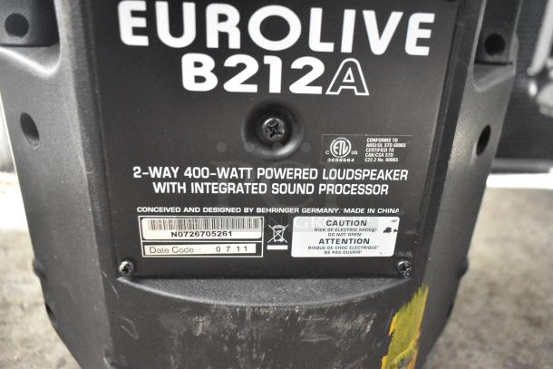 Eurolive B212A speaker label, 2-way 400W, integrated sound processor, date code 0711, by Behringer Germany, made in China.