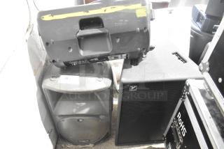 Three speakers for auction: Behringer Eurolive B212A, Mackie C300, Yorkville TX4; visible wear, ideal for sound enthusiasts.